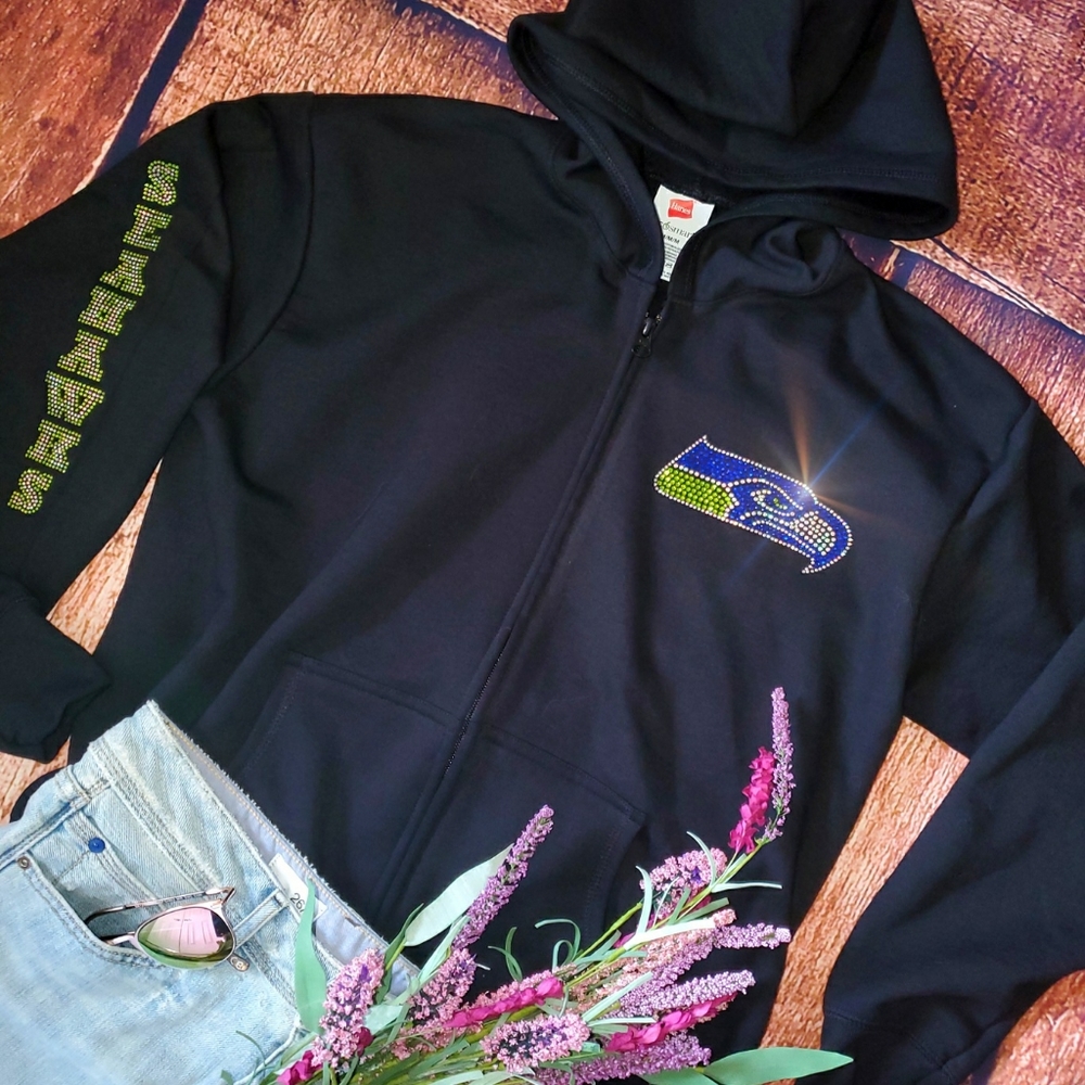 New Women Rhinestone Seattle Seahawks ZipUp Hoodie - Picture 2 of 5